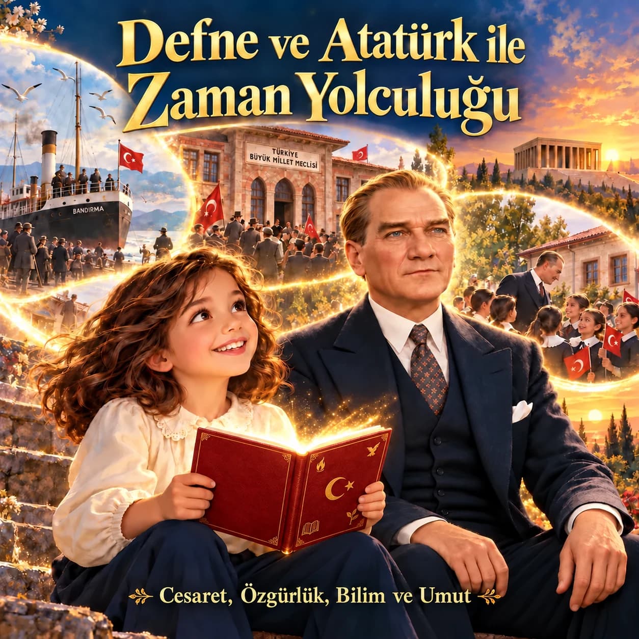 Atatürk’ün yanında ışıldayan zaman defterini tutan çocuk ve geçmişe açılan yolculuk illüstrasyonu
