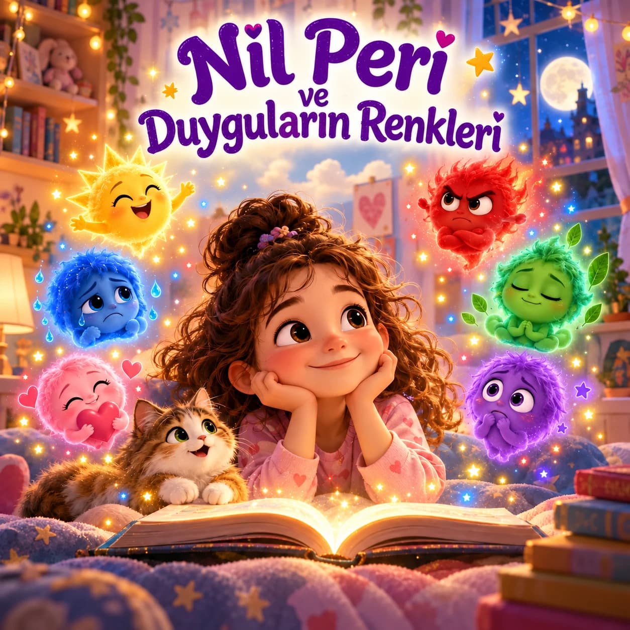 Renkler Adası’nda Duygu Pusulası ve duygu renkleriyle çocuk kahraman illüstrasyonu