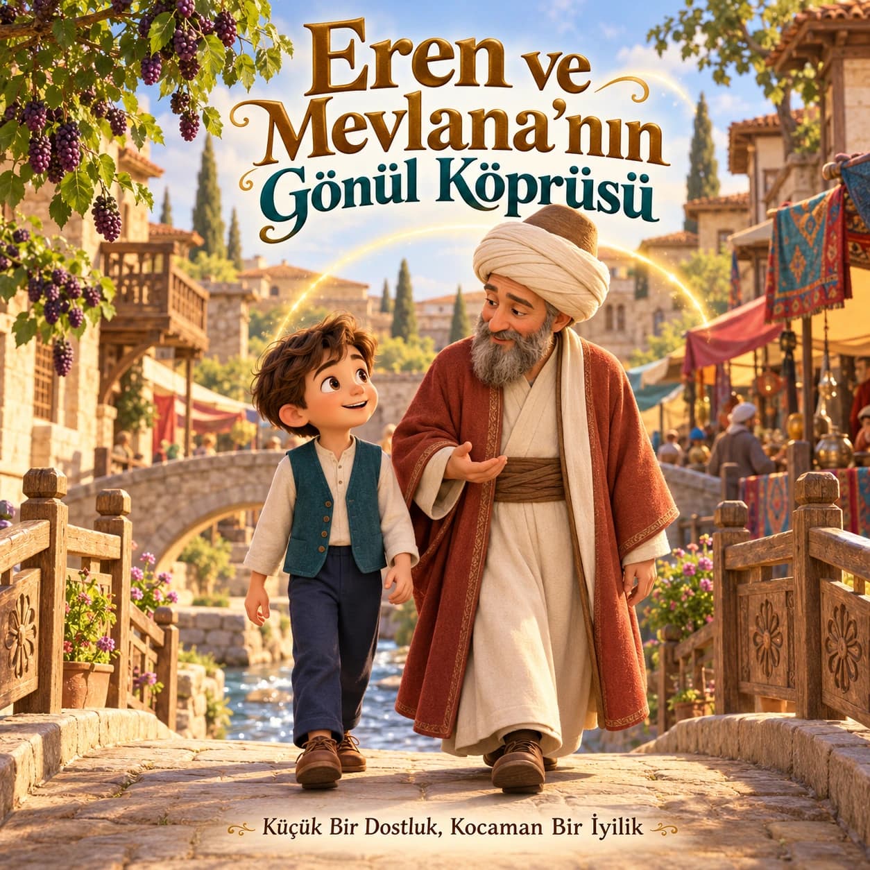 Eren ve Mevlana’nın eski Konya’da çiçekli korkulukları olan taş köprü yanında buluştuğu kitap illüstrasyonu